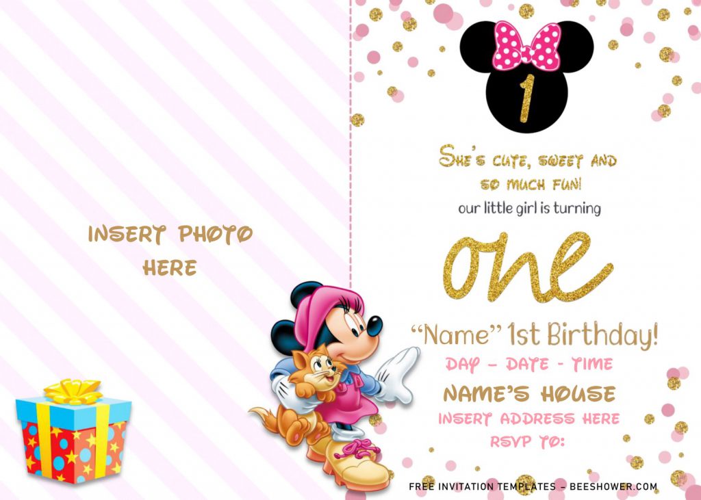 Free Sparkling Gold Glitter Minnie Mouse Baby Shower Invitation Templates For Word and has cute Minnie and her cat