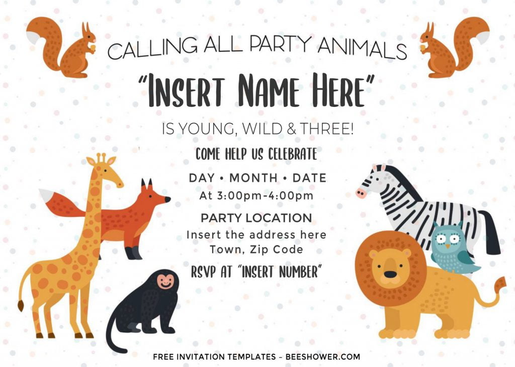 Free Cute Party Animals Baby Shower Invitation Templates For Word and has baby giraffe and squirrel