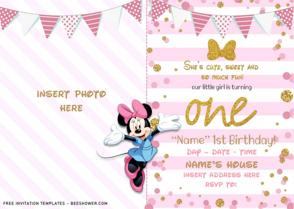 Free Sparkling Gold Glitter Minnie Mouse Baby Shower Invitation Templates For Word and has Picture or Photo frame and pink stripe background