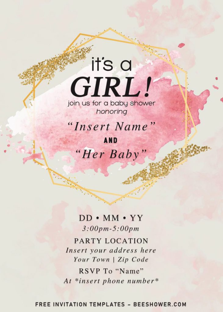 Free Gold Glitter Girl Baby Shower Invitation Templates For Word and has gold glitter splatter