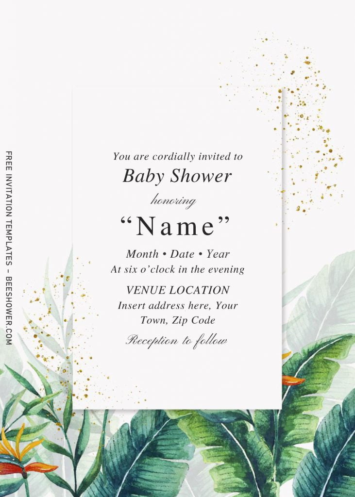 Free Botanical Leaves Baby Shower Invitation Templates For Word and has vintage rustic background and gold glitter