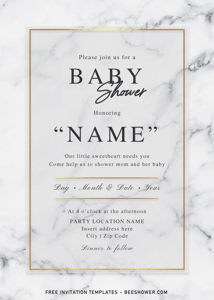 Free Elegant Marble Baby Shower Invitation Templates For Word and has white and black marble background