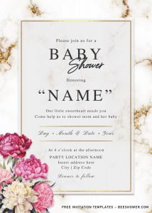 Free Elegant Marble Baby Shower Invitation Templates For Word and has white and gold marble background