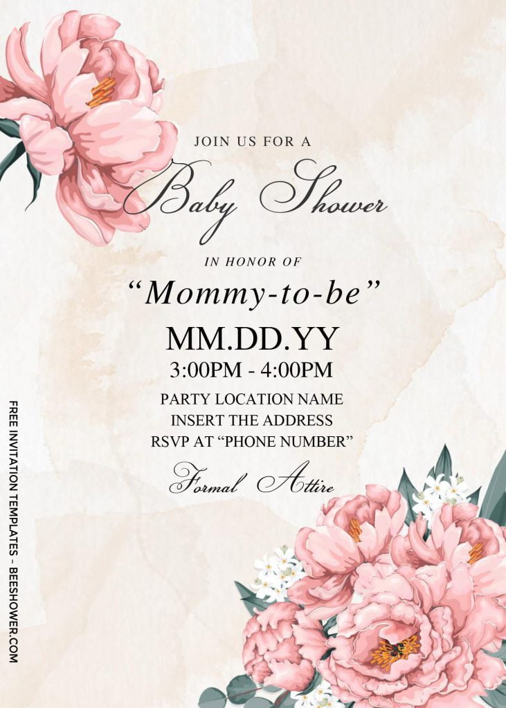 Free Dusty Rose Baby Shower Invitation Templates For Word and has watercolor roses and elegant marble background