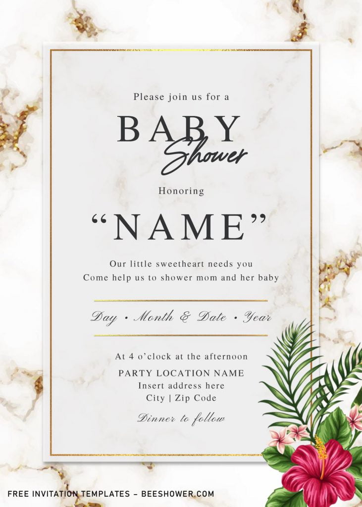Free Elegant Marble Baby Shower Invitation Templates For Word and has green monstera and palm leaves