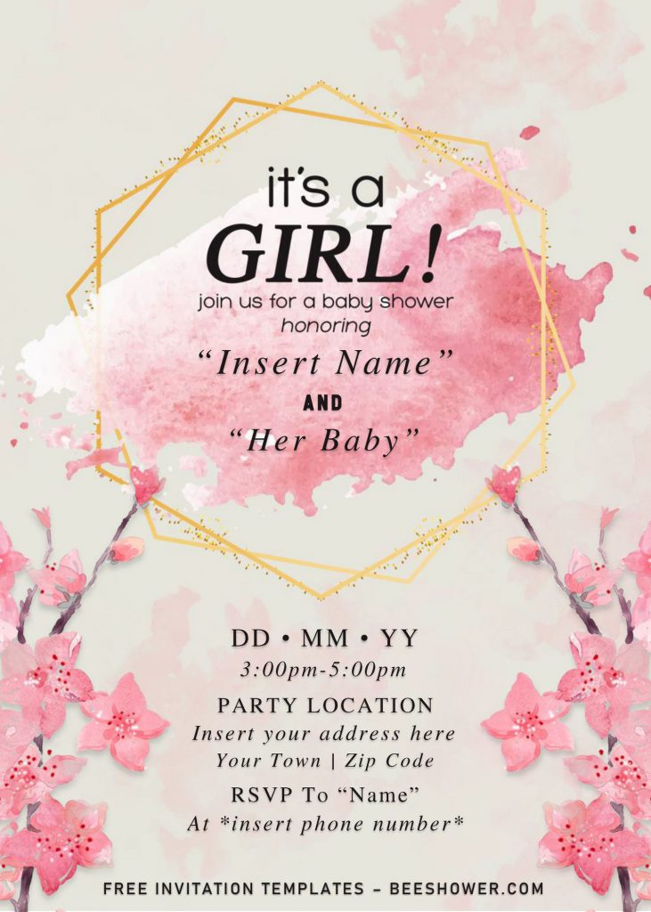 Free Gold Glitter Girl Baby Shower Invitation Templates For Word and has pink sakura
