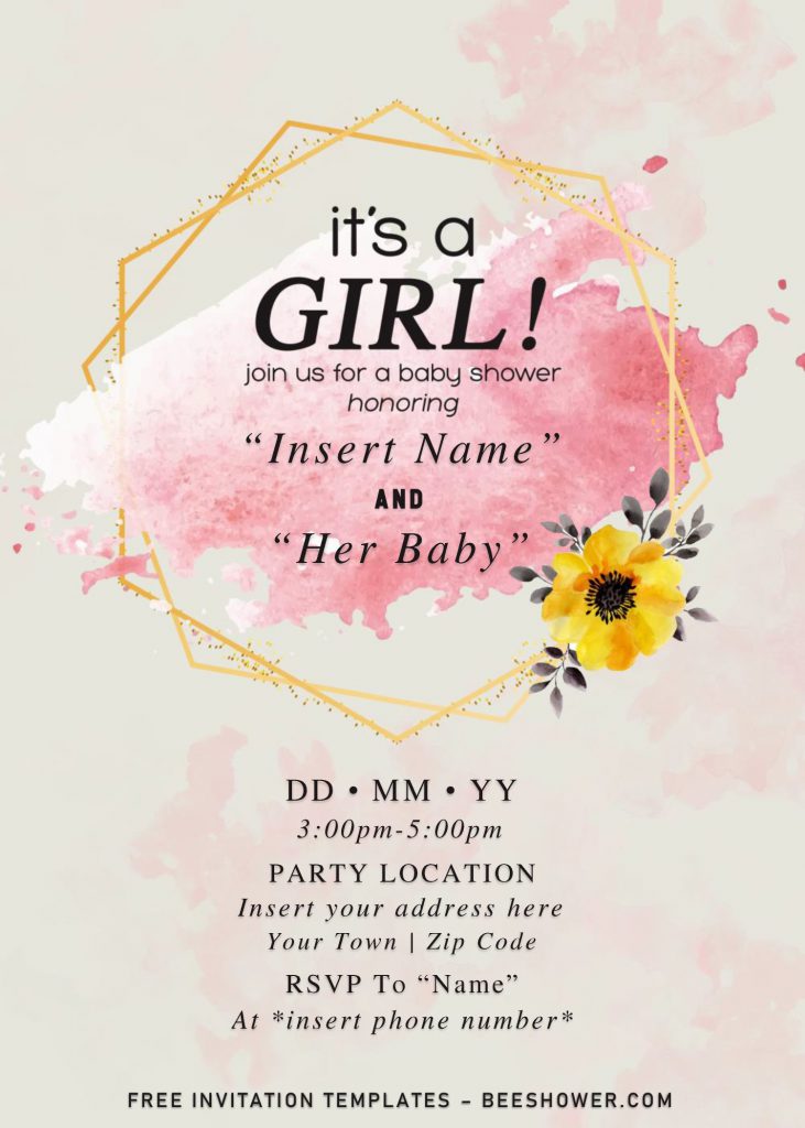 Free Gold Glitter Girl Baby Shower Invitation Templates For Word and has white and pink brush paint stroke and sunflower
