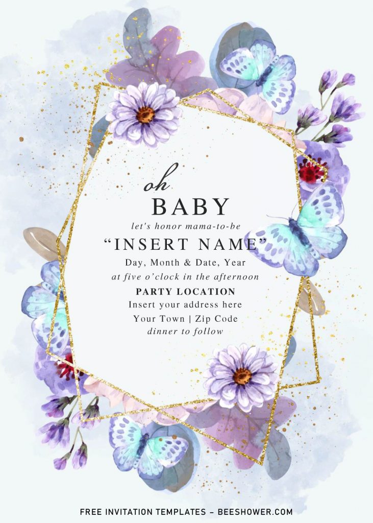 Free Blue Floral And Gold Geometric Baby Shower Invitation Templates For Word and has light blue roses and butterflies