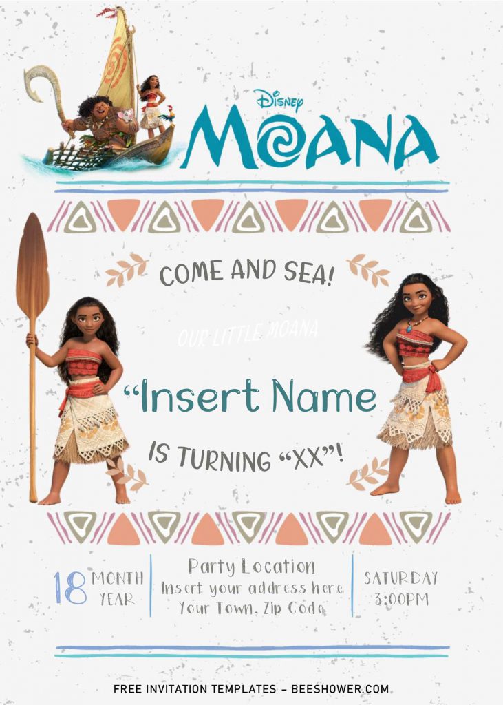 Free Moana Baby Shower Invitation Templates For Word and has Moana holding paddle