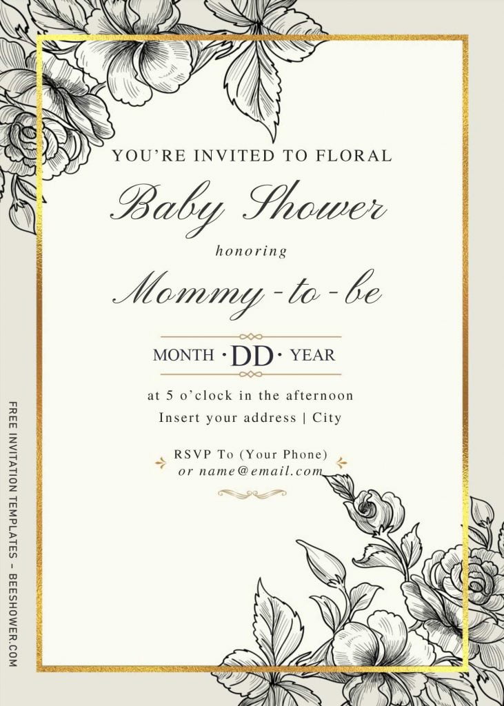 Free Hand Drawn Vintage Floral Invitation Templates For Word and has gold border frame