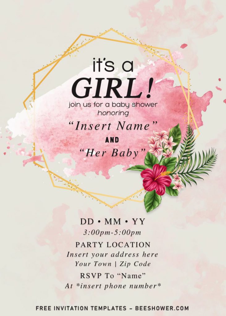 Free Gold Glitter Girl Baby Shower Invitation Templates For Word and has botanical floral decoration