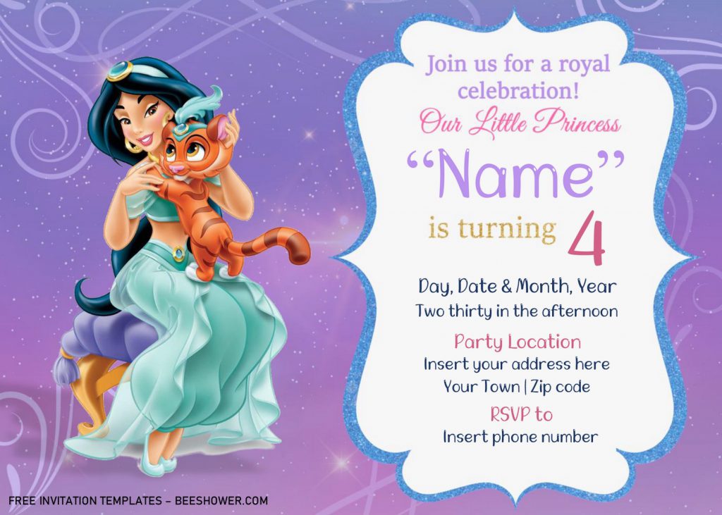 Free Aladdin Baby Shower Invitation Templates For Word and has Jasmine hold baby tiger rajah