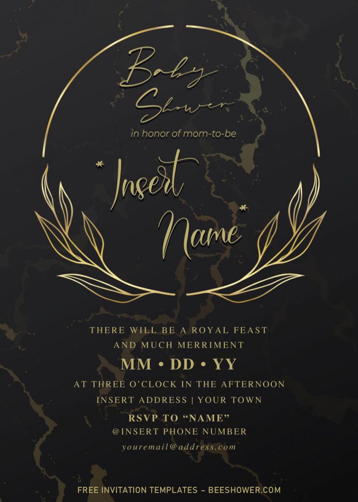 Free Elegant Black And Gold Baby Shower Invitation Templates For Word and has Gold Marble Background