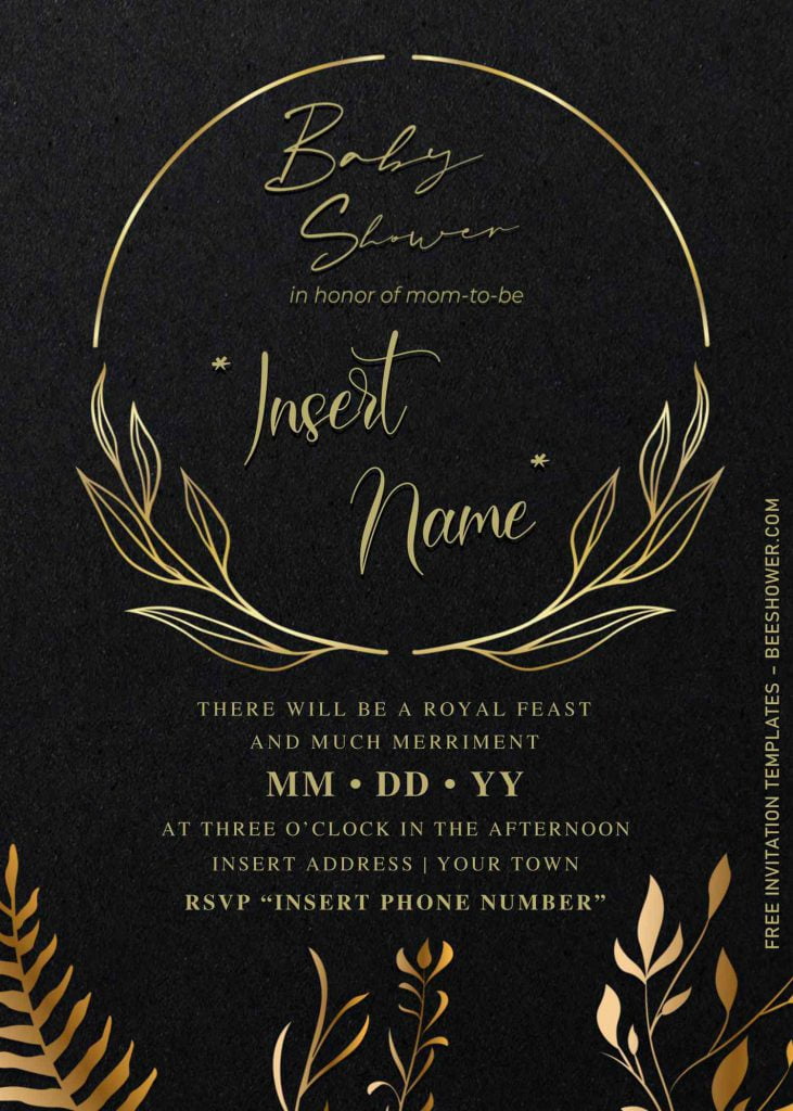 Free Elegant Black And Gold Baby Shower Invitation Templates For Word and has Flower Wreath and Leaves