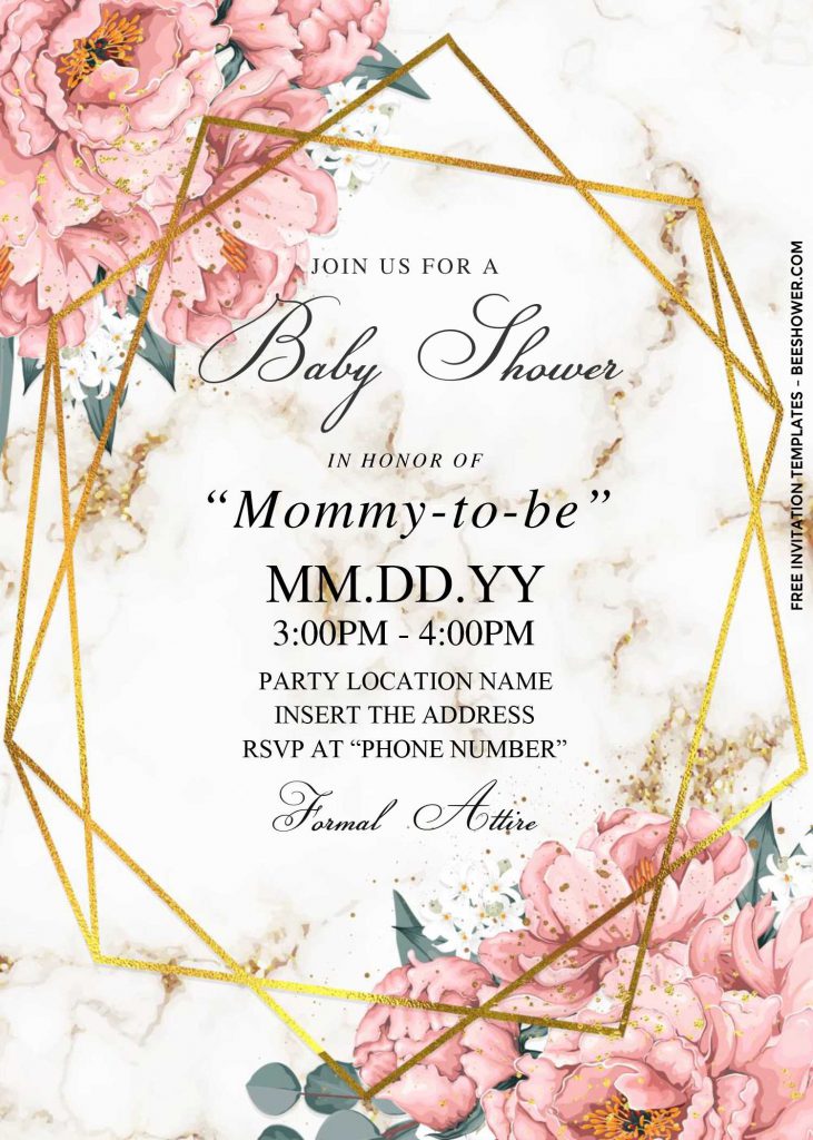 Free Dusty Rose Baby Shower Invitation Templates For Word and has metallic gold geometric pattern