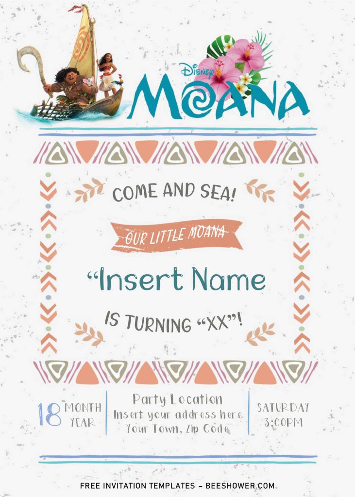 Free Moana Baby Shower Invitation Templates For Word and has Moana and Maui on boat