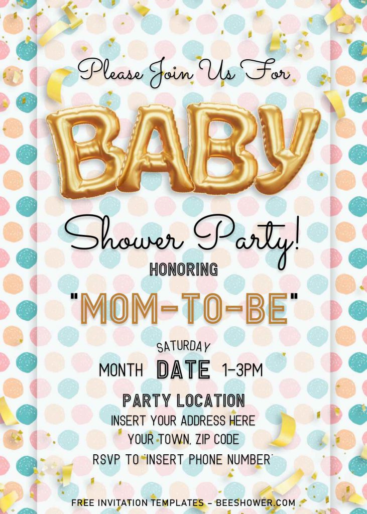 Free Gold Balloons Baby Shower Invitation Templates For Word and has colorful polka dot pattern