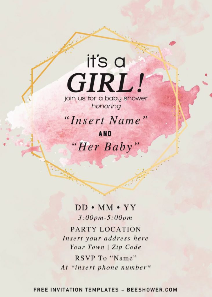 Free Gold Glitter Girl Baby Shower Invitation Templates For Word and has gold geometric pattern