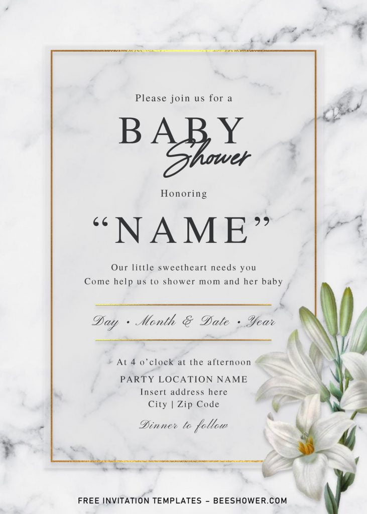 Free Elegant Marble Baby Shower Invitation Templates For Word and has beautiful lily or lilac flowers