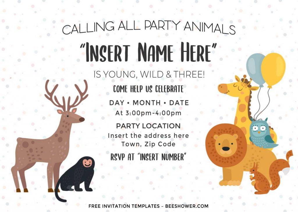Free Cute Party Animals Baby Shower Invitation Templates For Word and has baby monkey and deer