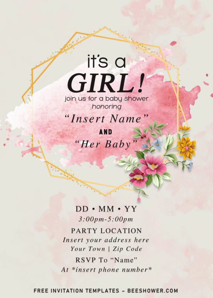 Free Gold Glitter Girl Baby Shower Invitation Templates For Word and has portrait orientation
