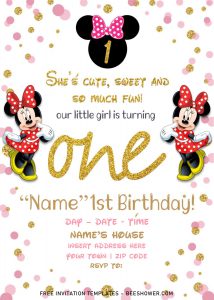 Free Sparkling Gold Glitter Minnie Mouse Baby Shower Invitation Templates For Word and has portrait orientation and cute Minnie's head and ears