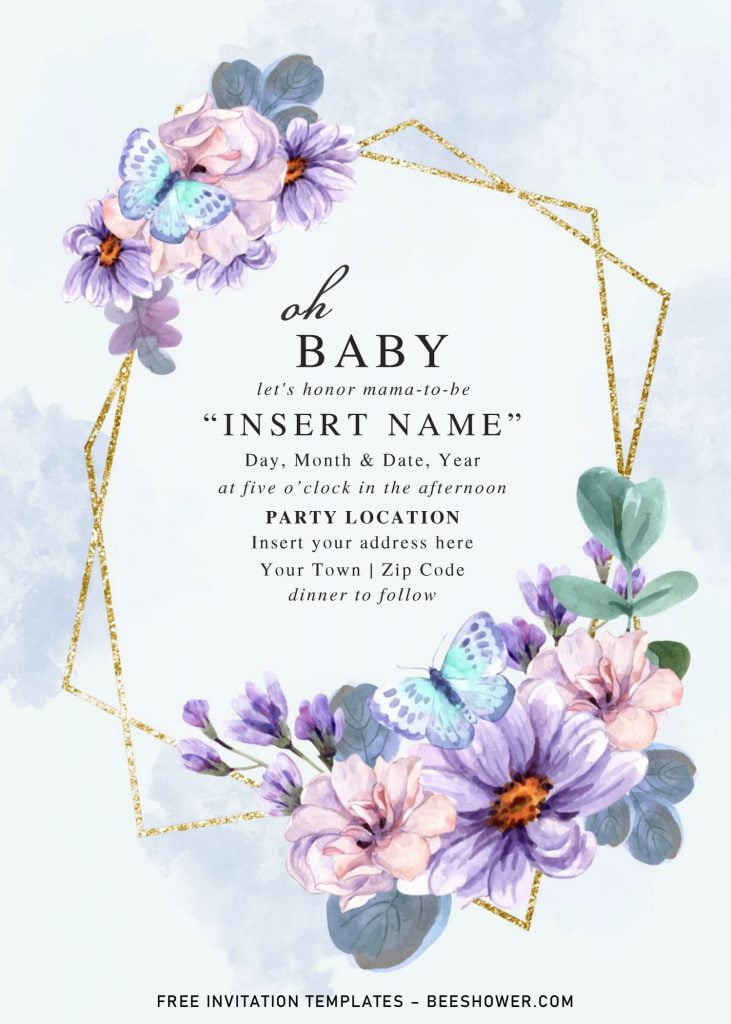 Free Blue Floral And Gold Geometric Baby Shower Invitation Templates For Word and has gold geometric pattern