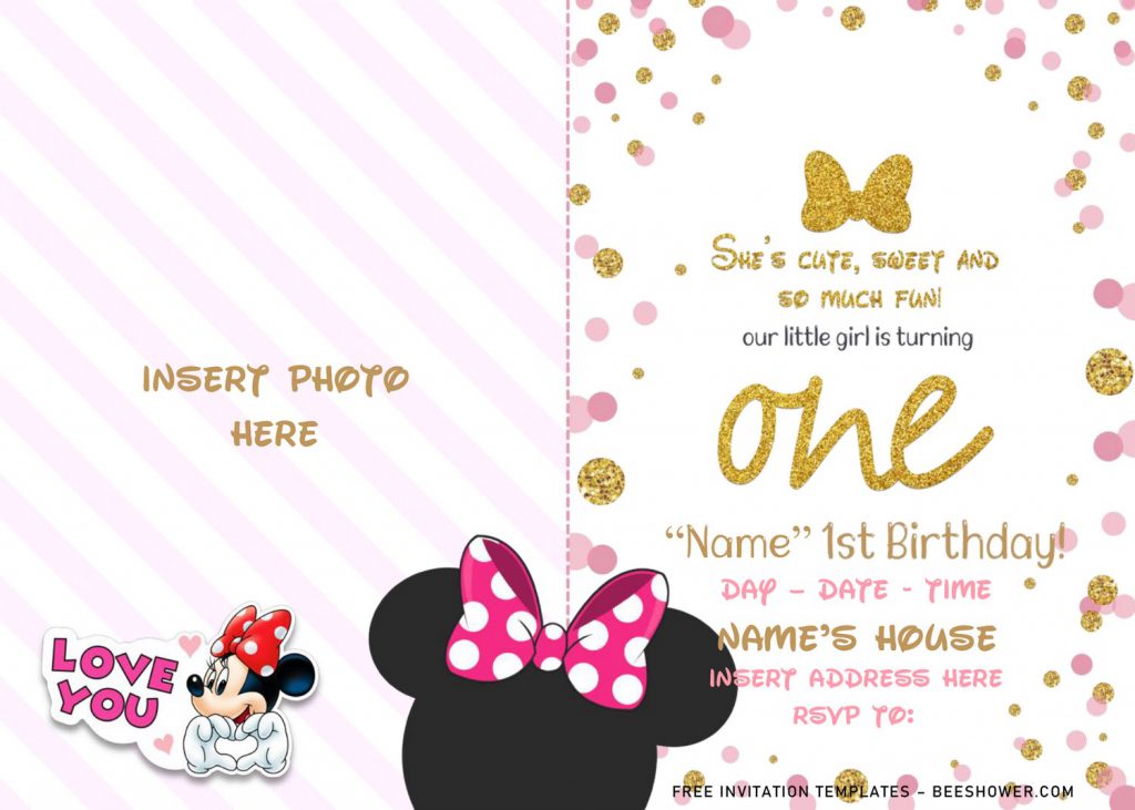 Free Sparkling Gold Glitter Minnie Mouse Baby Shower Invitation Templates For Word and has cute Minnie mouse sticker