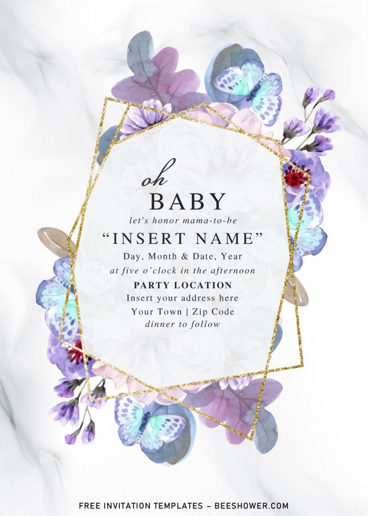 Free Blue Floral And Gold Geometric Baby Shower Invitation Templates For Word and has white marble background