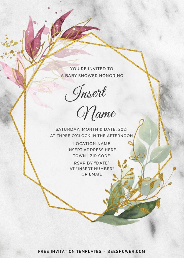 Free Gold Boho Baby Shower Invitation Templates For Word and has gold glitter geometric frame