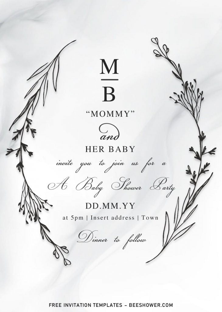 Free Floral Monogram Baby Shower Invitation Templates For Word and has white marble background