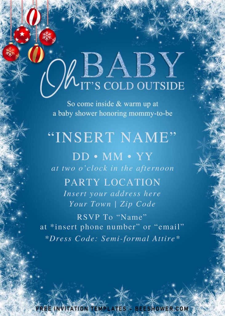 Free Winter Oh Baby Shower Invitation Templates For Word and has white snowflakes border