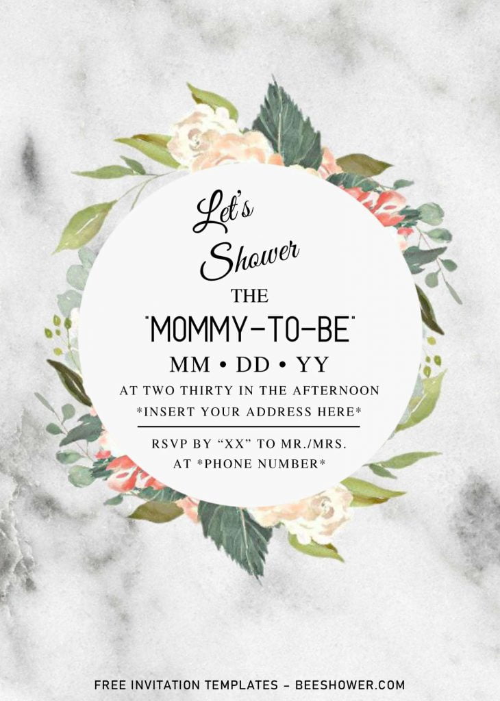 Free Summer Garden Baby Shower Invitation Templates For Word and has floral wreath and white marble background