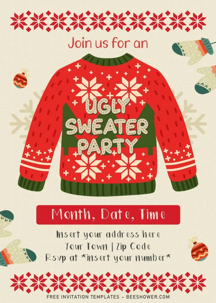Free Ugly Sweater Baby Shower Party Invitation Templates For Word and has Tan background and cute design