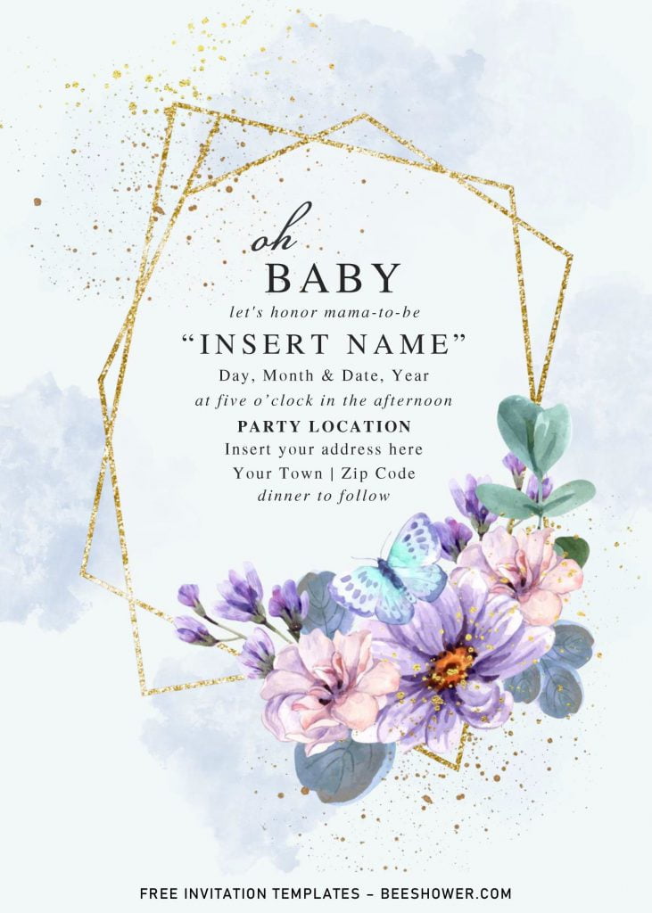 Free Blue Floral And Gold Geometric Baby Shower Invitation Templates For Word and has enchanting blue background