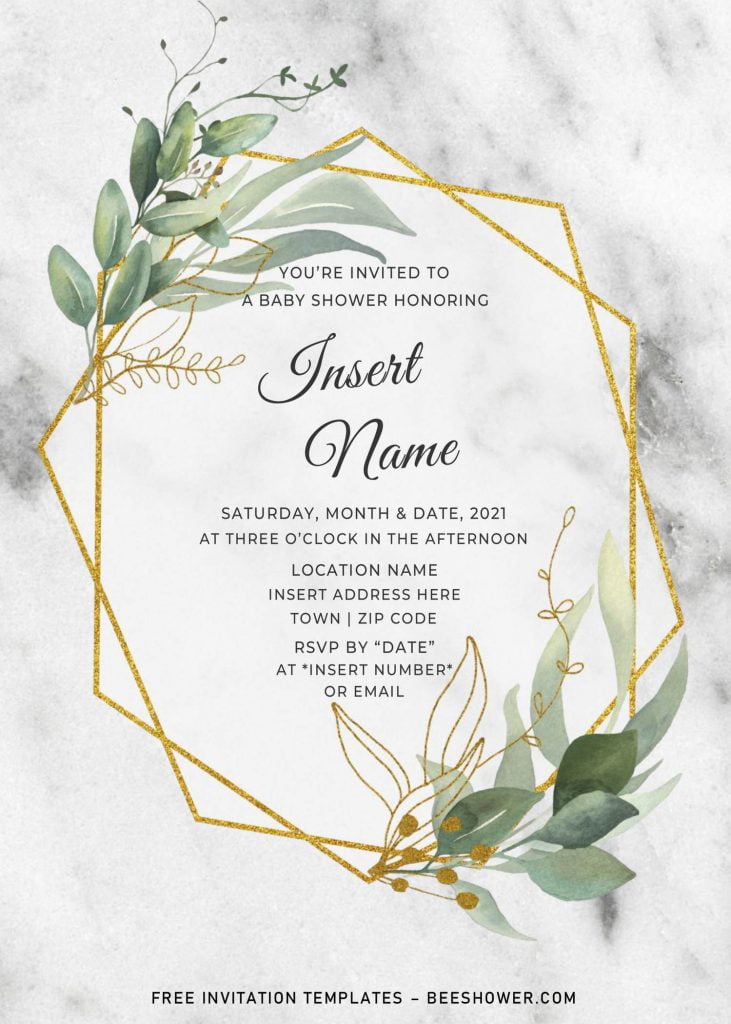 Free Gold Boho Baby Shower Invitation Templates For Word and has white and black marble background