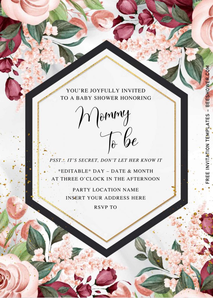 Free Burgundy Floral Baby Shower Invitation Templates For Word and has polygon shaped text box