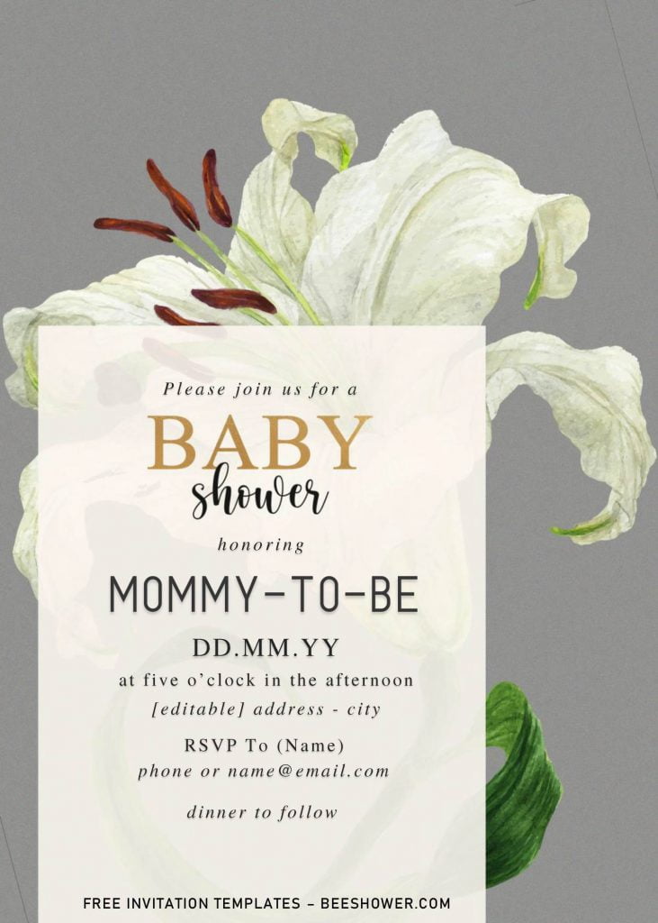 Free Watercolor Lily Baby Shower Invitation Templates For Word and has portrait orientation