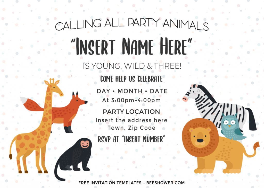 Free Cute Party Animals Baby Shower Invitation Templates For Word and has landscape orientated