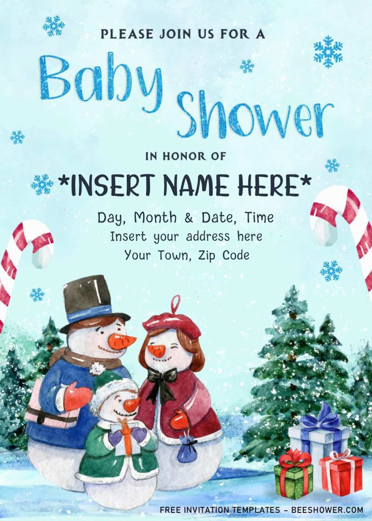Free Winter Baby Shower Invitation Templates For Word and has watercolor snowman family