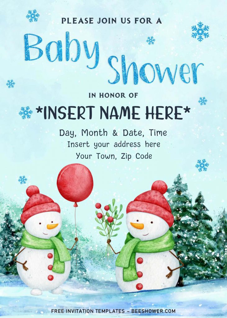 Free Winter Baby Shower Invitation Templates For Word and has Watercolor snowmen holding balloon and flowers