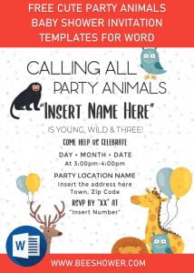 Free Cute Party Animals Baby Shower Invitation Templates For Word