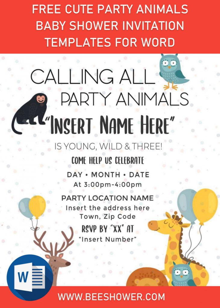 Free Cute Party Animals Baby Shower Invitation Templates For Word