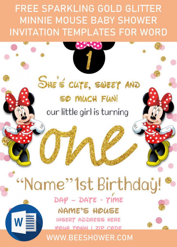 Free Sparkling Gold Glitter Minnie Mouse Baby Shower Invitation Templates For Word