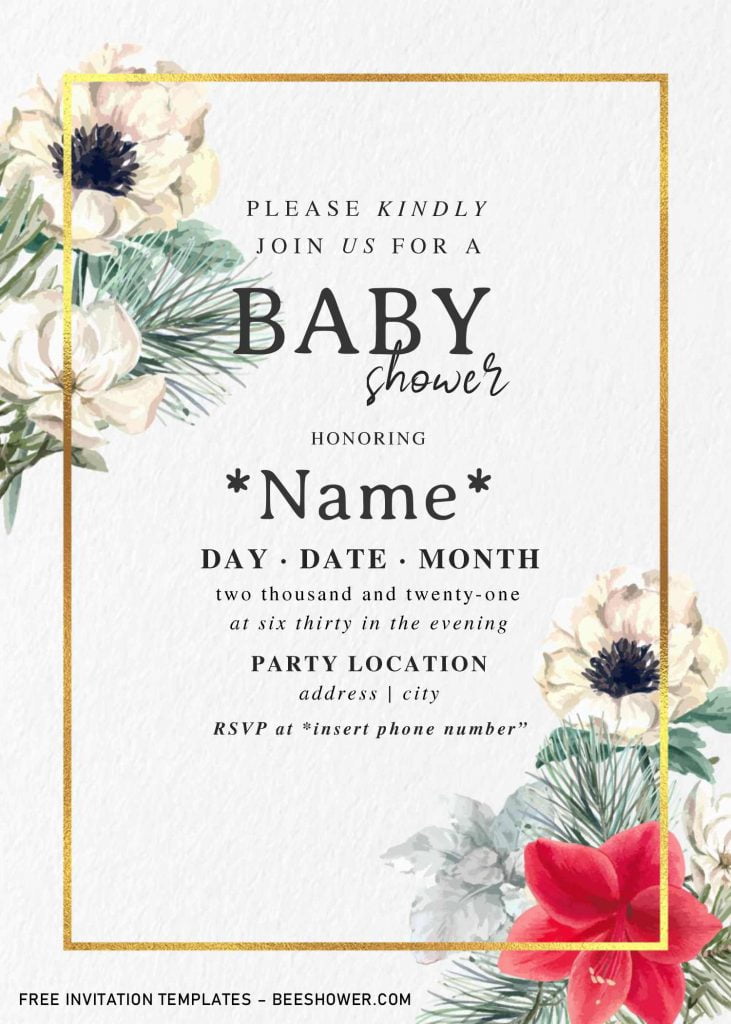 Free Watercolor Rose Baby Shower Invitation Templates For Word and has gold rectangle frame border