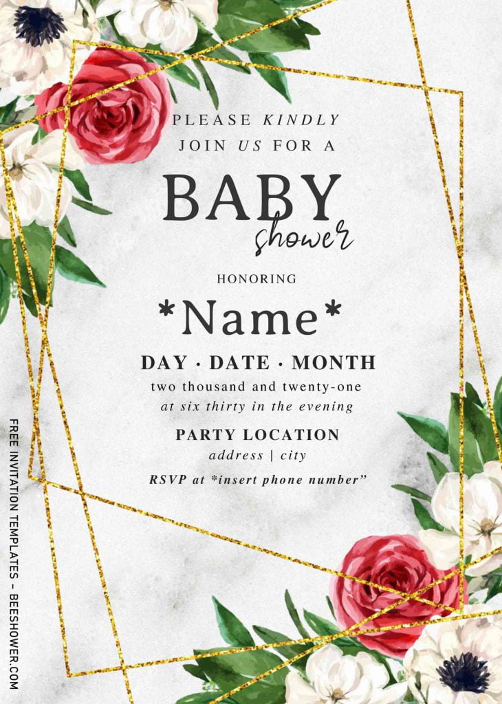 Free Watercolor Rose Baby Shower Invitation Templates For Word and has gold glitter geometric frame
