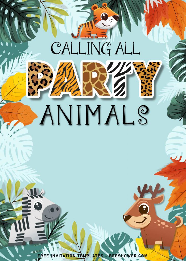 10+ Fun Calling All Party Animals Baby Shower Invitation Templates and has custom Party word with animal skin prints