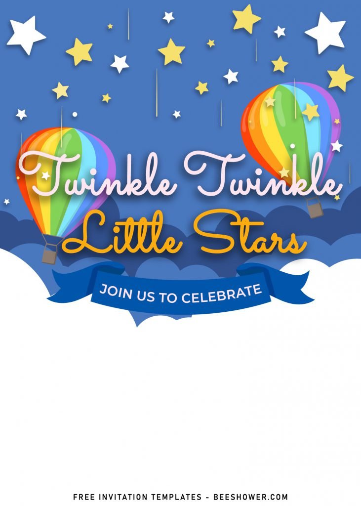 10+ Cute Twinkle Twinkle Little Stars Birthday Invitation Templates and has cute and colorful hot air balloons