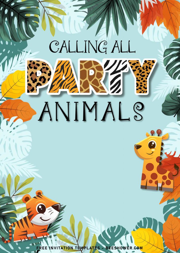 10+ Fun Calling All Party Animals Baby Shower Invitation Templates and has wild animals and forest inspired background