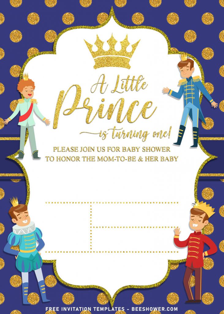 10+ Elegant Gold Glitter Prince Themed Birthday Invitation Templates For Your Kid's Birthday Party and has cute prince crown illustrations